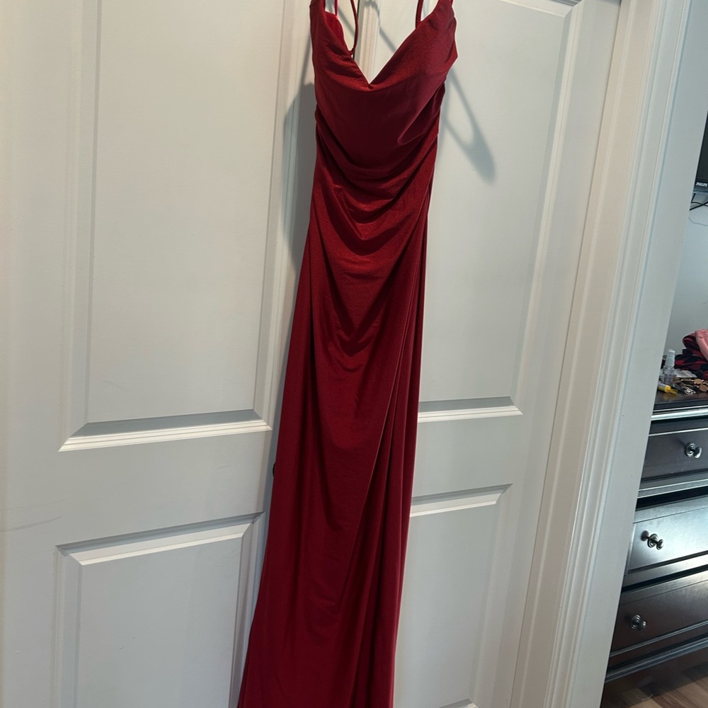 La Femme Elegant Burgundy Shimmer Evening Gown